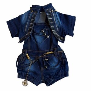 Baby Girls Denim Studded Romper with Chain Accents